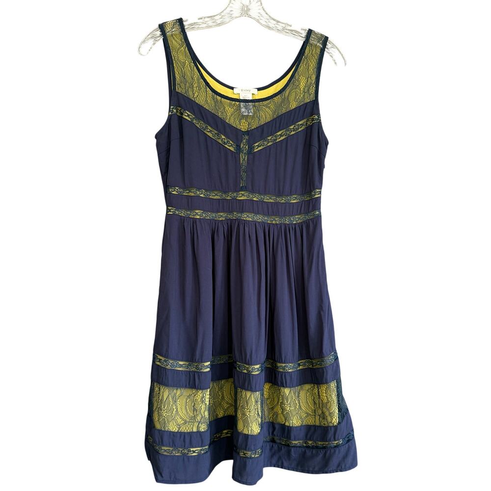 Esley Fit & Flare Dress Navy Yellow Lace‎ Inset Retro Glam Women's Size Small